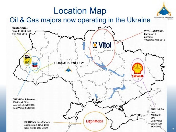 Dove le multinazionali estraggono energia in Ucraina. Eni, Chevron e Cossack Energy a ovest, Vitol a nord, ExxonMobil a sud, Shell e Burisma (che sulla mappa non è indicata) a est.
